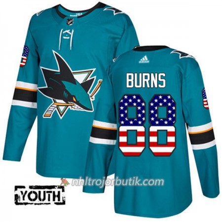 Barn Ishockey San Jose Sharks Tröja Brent Burns 88 Adidas 2017-2018 Teal USA Flag Fashion Authentic